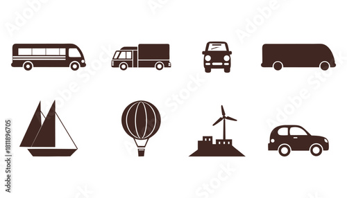 A collection of Transportation and travel icons for modern design needs in black and white silhouette vector illustration