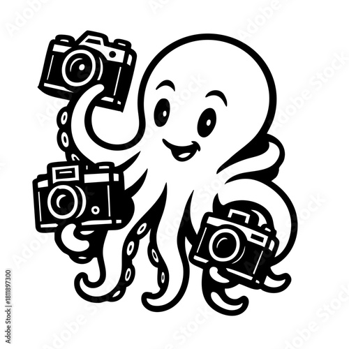 octopus carrying several vintage cameras in different tentacles, playful pose