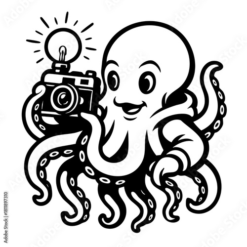 octopus handling a retro film camera with a flash bulb, dynamic tentacle arrangement