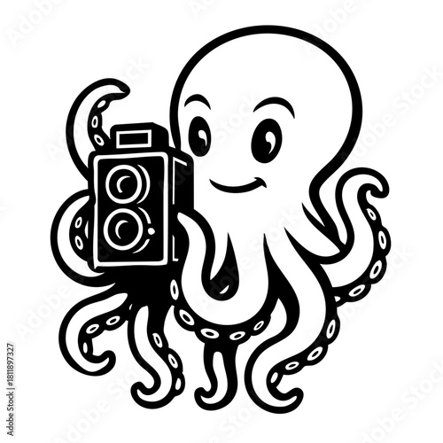 octopus holding a twin-lens reflex vintage camera, detailed tentacles