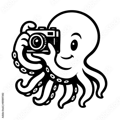 octopus lifting a classic retro camera to eye level as if taking a photo
