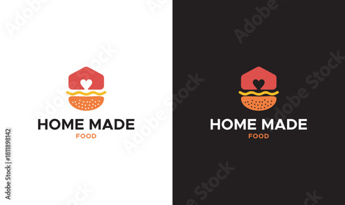 Modern homemade food logo featuring a minimalist house and burger icon combination, symbolizing fresh home-cooked meals with a clean, professional brand style.