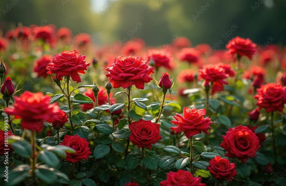 Obraz premium Field of red roses in bloom. Fresh roses grow in green garden beds. Many flowers open petals to sun light. Plants have dark green leaves and thorns. Nature scene.