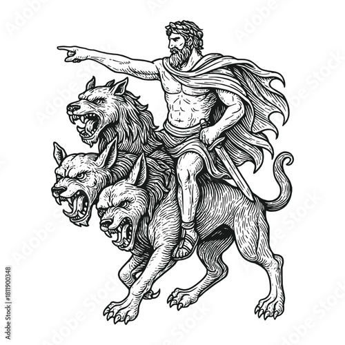 Intricate vector illustration in vintage woodcut style of a Roman or Greek god riding a fearsome three-headed beast, representing mythology, power, and ancient fantasy concepts.