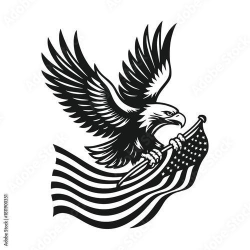 Bold vintage monochrome etching of a majestic bald eagle with outstretched wings clutching the American flag, symbolizing patriotism, freedom, and national pride in a powerful vector illustration.