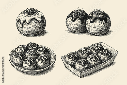 Vintage monochrome illustration of Takoyaki (Japanese octopus balls) served in different arrangements, including a plate and box, for Asian street food and cuisine menu designs.