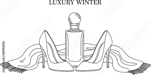 Elegant perfume bottle with heels and scarf for a luxury winter collection