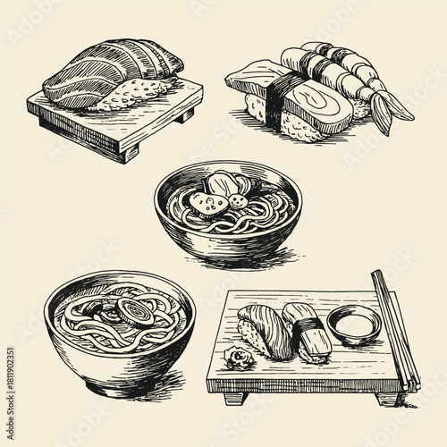 Vector set of vintage monochrome illustrations depicting Japanese cuisine, including sushi, sashimi, and noodle bowls (ramen/udon), ideal for restaurant menus and Asian food packaging design.