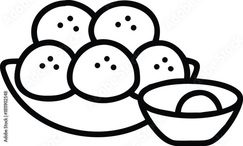 Black and white line art icons of a bento lunch box and a fried egg.