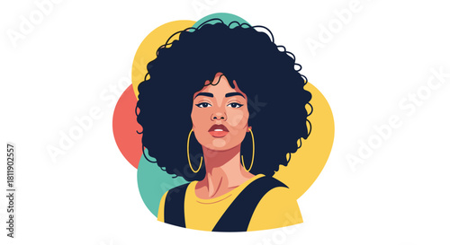 Illustration of a Black woman with an afro and hoop earrings against colorful circles.