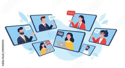 Illustration of people participating in a virtual meeting or conference call on screens.