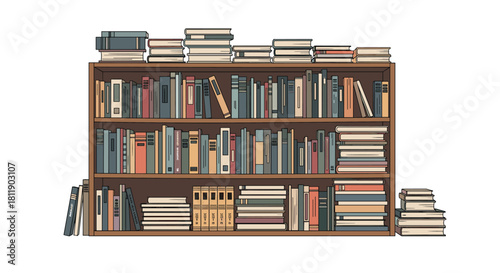 Illustration of a tall, brown wooden bookshelf filled with books on multiple shelves.