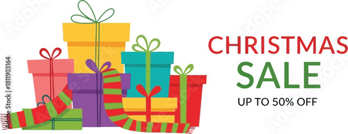 Colorful christmas sale advertisement with gifts and scarf on a light blue background