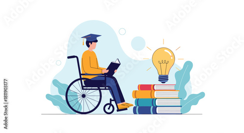 Student in a wheelchair wearing a graduation cap reads a book with a lightbulb symbolizing knowledge.