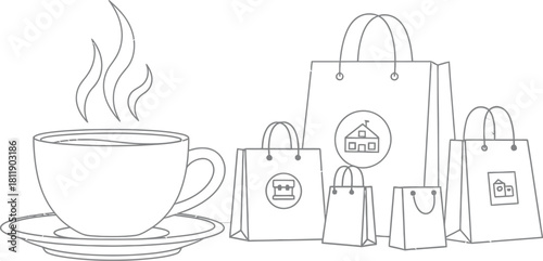 Winter shopping scene with coffee and shopping bags in a snowy landscape