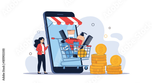 Woman shopping online for hair products on a smartphone with stacks of coins representing savings.