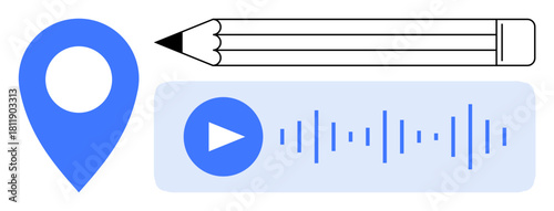 Blue geolocation marker, pencil, and voice recording bar with play button. Ideal for creativity, education, location services, multimedia, communication learning tools digital content. Simple flat
