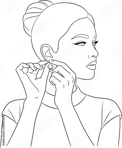 Woman putting on an earring with bokeh lights in the background illustration