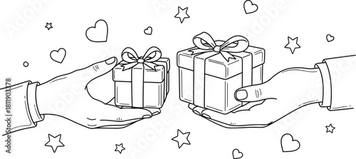 Hands exchanging gifts with hearts and stars in a black and white line art