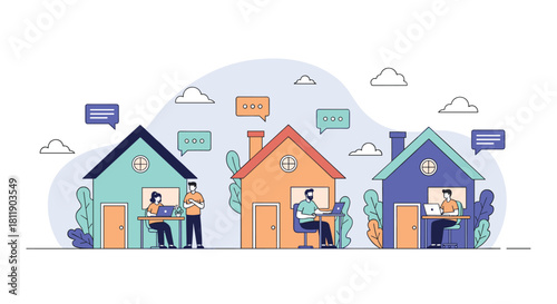 Illustration of people working from home in separate houses connected by communication bubbles.