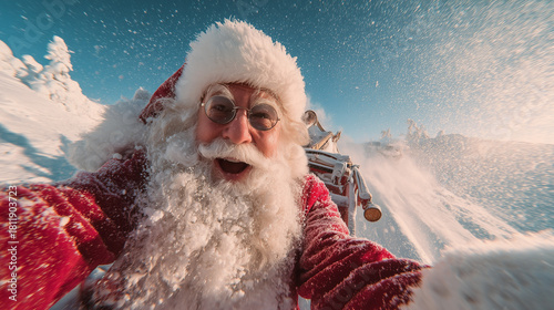 Santa Selfie on a Snowy Sleigh. New Year 2026. An energetic close-up of Santa Claus taking a selfie while riding his sleigh through a sparkling winter landscape. The flying snow 