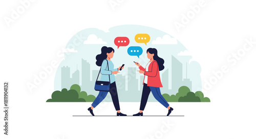 Two women walk and text each other with speech bubbles above their heads in a city park setting.