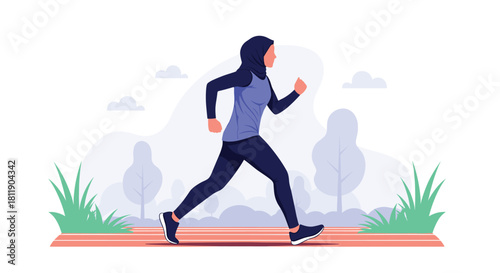 A woman wearing a hijab and athletic wear runs on a track in a park with trees and clouds.