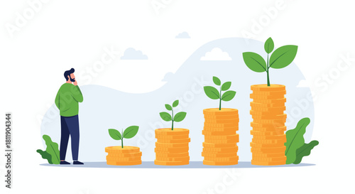 Man contemplates growing piles of coins with plants sprouting from them, symbolizing investment growth.