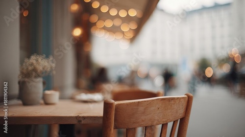 Fototapeta Naklejka Na Ścianę i Meble -  Close-up of a wooden table and chair in a restaurant. the table is in the foreground of the image and the chair is in front of it.