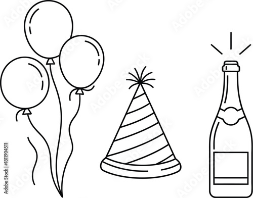 Celebration line art with balloons party hat and champagne bottle popping open