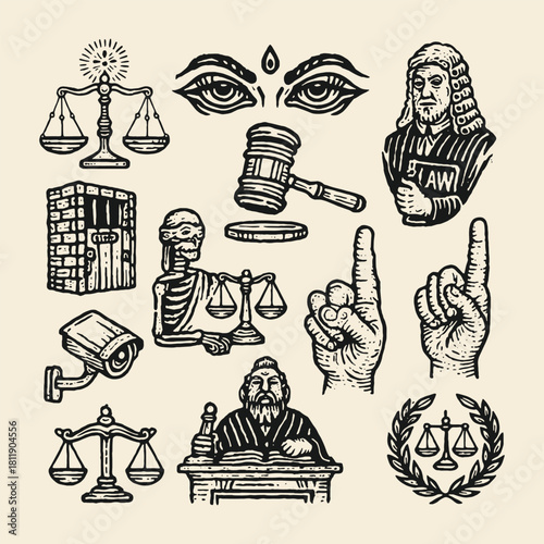 Detailed vector icon set featuring vintage monochrome illustrations of justice symbols, including judge, scales, gavel, and legal concepts for law firms and judicial system designs.
