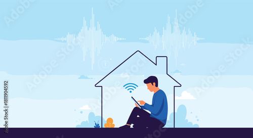 A man using a tablet inside a house outline with wifi signal and sound waves above.