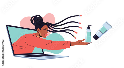 Woman with braids emerging from a laptop offers hair products for sale online.