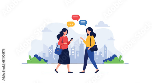 Two women walking and texting each other in a city with speech bubbles.