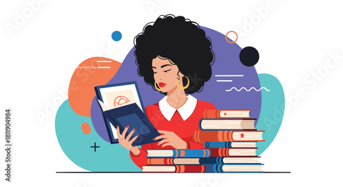 An illustration of a woman with afro hair reading a book, surrounded by abstract shapes and stacks of books.