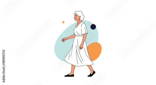An elegant elderly woman in a white dress walks past abstract colorful shapes.