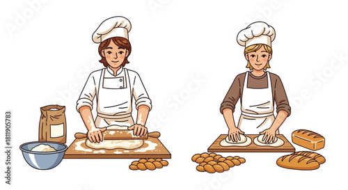 two bakers preparing dough and bread in a cheerful cartoon illustration