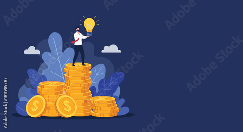 Man holding a glowing lightbulb atop a stack of gold coins, symbolizing successful business ideas.
