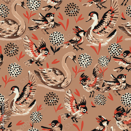Retro style seamless pattern with whooper swans, coal tits and Alyssum flowers on a warm background. Great for fabric, wallpaper, apparel and printing