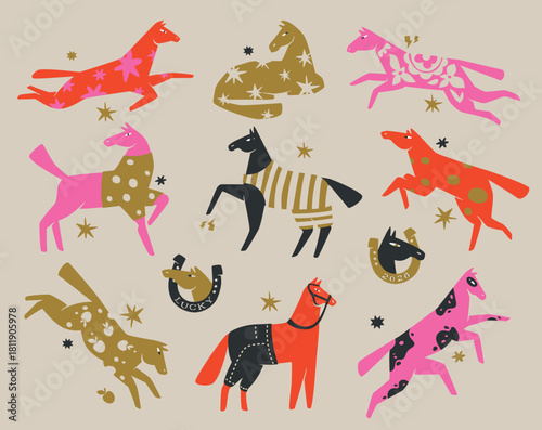 Set of colorful horses in modern folk art style. Playful and colorful New year symbol