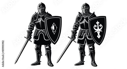 Two medieval knights in full armor with swords and shields depicted