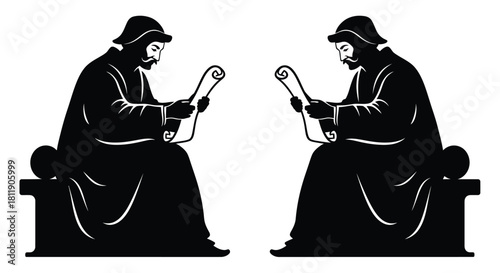 Two seated figures in black and white facing each other with scrolls