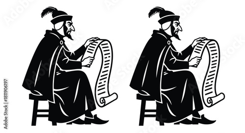 Two depictions of a seated man reading a scroll or document