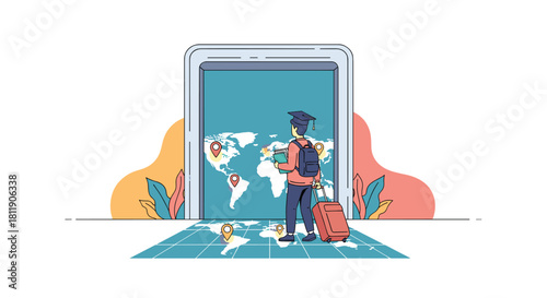Student with a graduation cap and luggage looking at a world map on a screen, representing global education opportunities.
