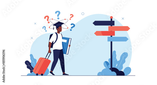 Student faces a crossroads of academic and career choices with question marks surrounding them.