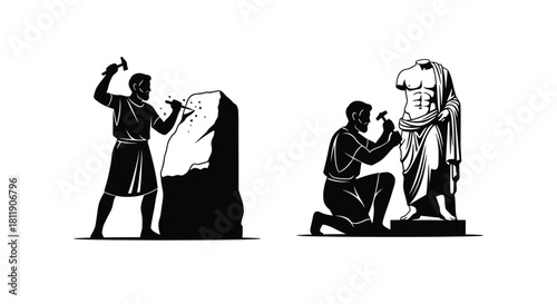 Ancient sculptors meticulously crafting marble statues a study in classical artistry