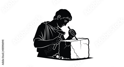 A silhouetted image of a sculptor chiseling a block of stone