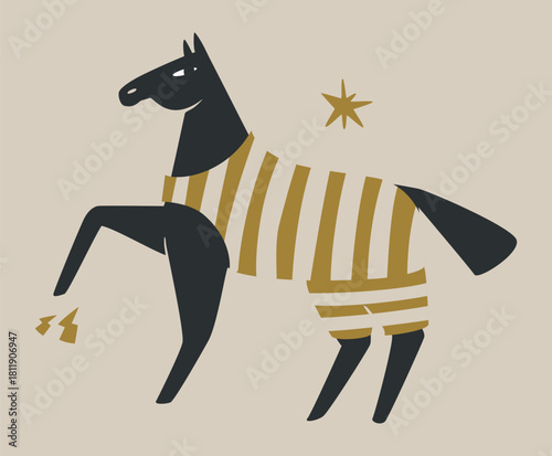 Black horse in a striped suit stamping its hoof. Naive style steed in flat vector style