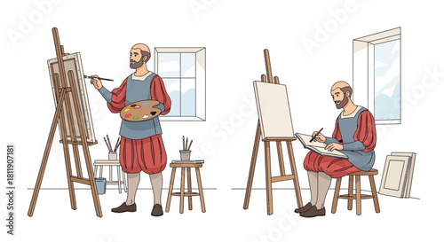 An artist depicted in two poses painting and sketching in a studio