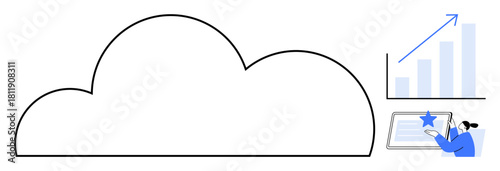 Large cloud outline, growth graph with arrow, and person interacting with a tablet. Ideal for cloud computing, data analytics, business growth, technology, software, networking simple flat metaphor